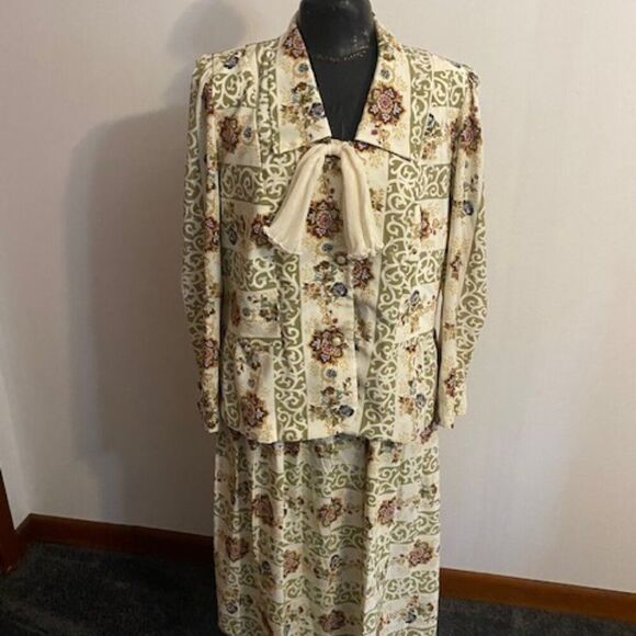 Jo Hanna York by Joan Davis Vintage White Floral print skirt set. size 14W - Picture 1 of 10